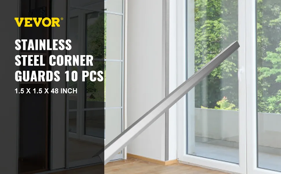 VEVOR stainless steel corner guards pack of 10 shown in a bright room with glass doors.