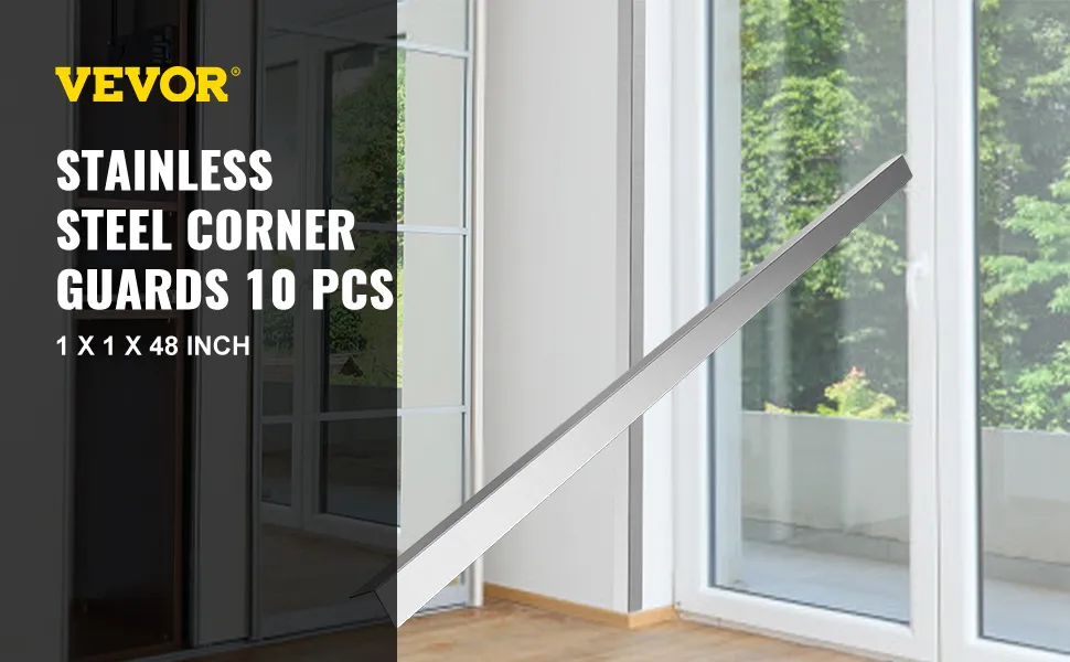 Protectores de esquinas de acero inoxidable VEVOR en una habitación con grandes puertas de cristal y vegetación en el exterior.