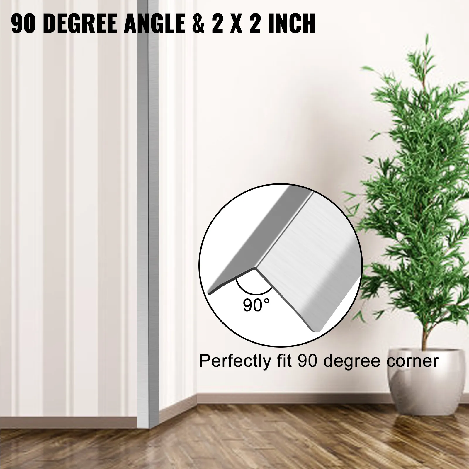 VEVOR stainless steel corner guards, 90-degree angle, 2x2 inches, next to a potted plant.