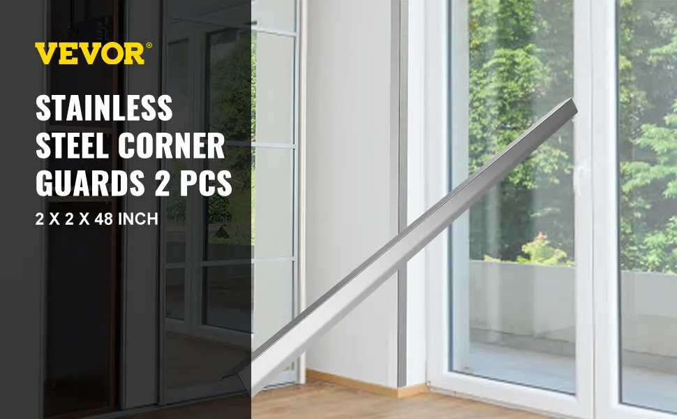 VEVOR stainless steel corner guards in a modern home, 2 x 2 x 48 inch, 2 pcs set.