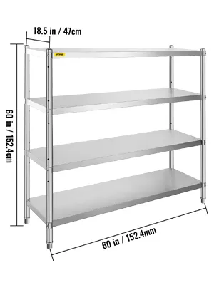 VEVOR stainless steel shelving with 4 levels, dimensions 60in x 18.5in x 60in.