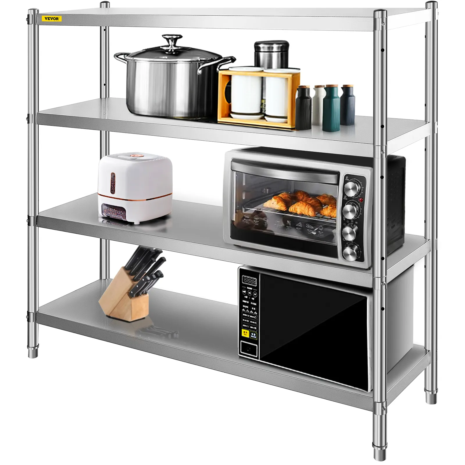 VEVOR stainless steel shelving unit with kitchen appliances and utensils displayed.