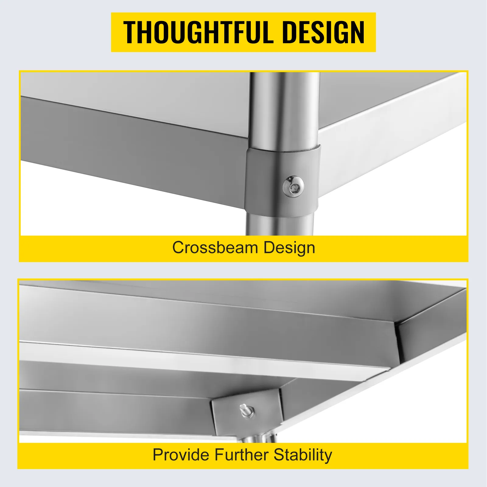 VEVOR stainless steel shelving with crossbeam design for enhanced stability.