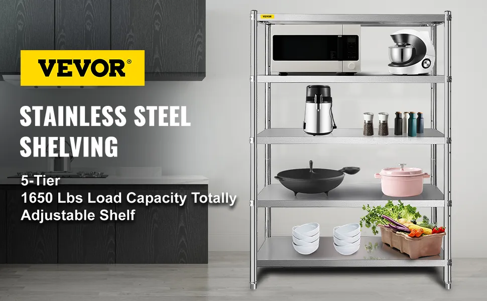 VEVOR stainless steel shelving unit in kitchen with appliances and storage items.