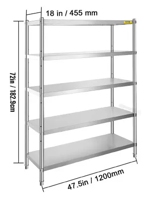 VEVOR stainless steel shelving unit with 5 adjustable shelves, 72x47.5x18 inches.
