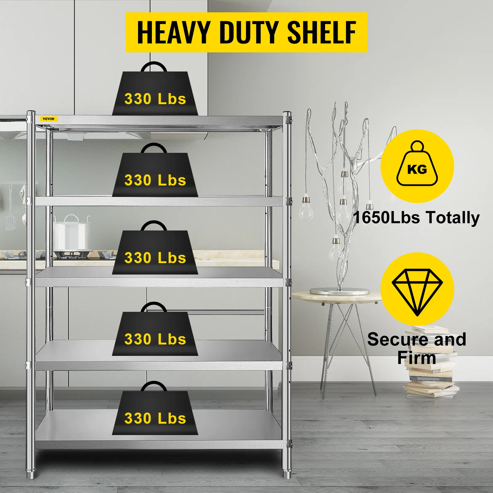 VEVOR stainless steel shelving unit with 330 lbs per shelf, total 1650 lbs capacity.