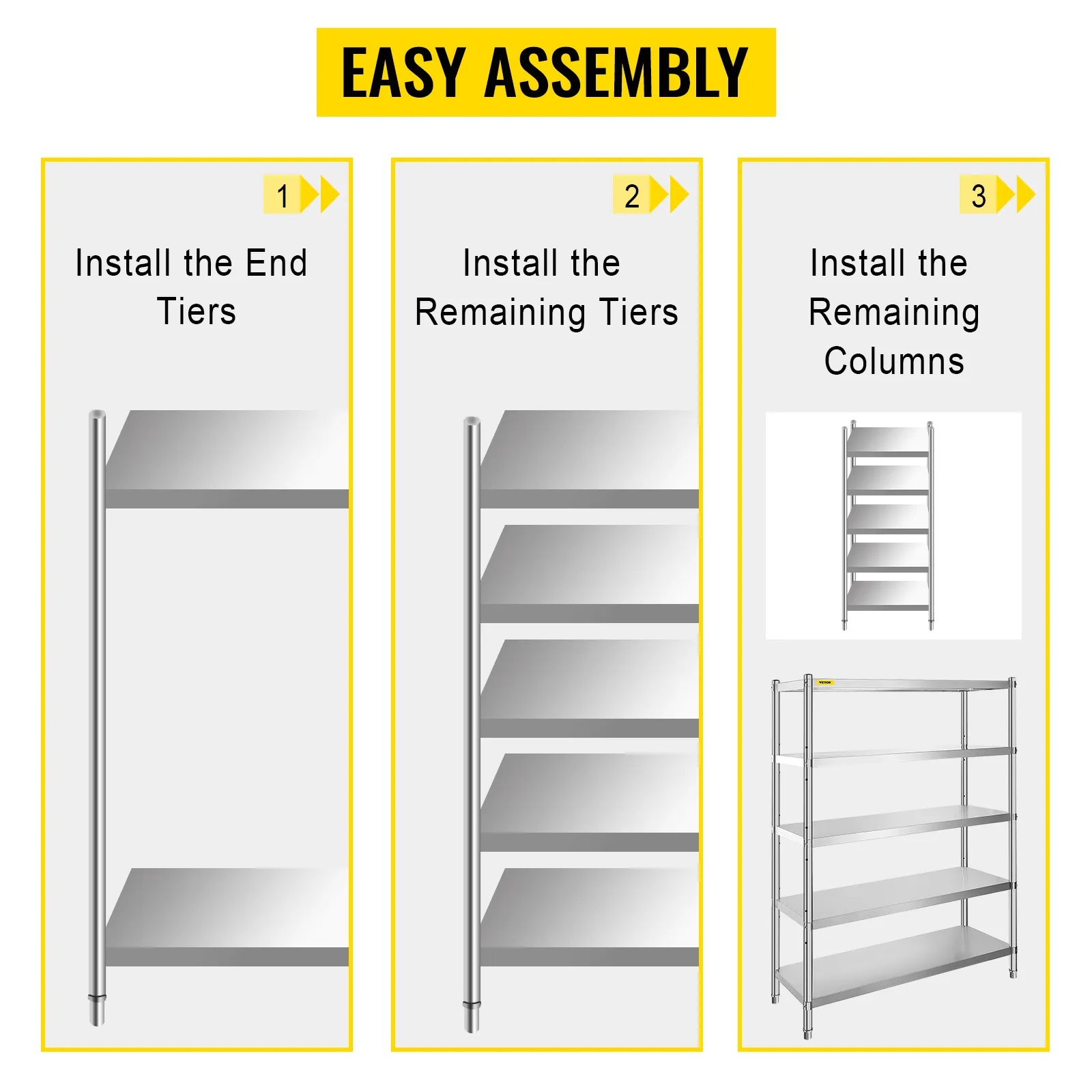 VEVOR stainless steel shelving unit assembly steps: install end tiers, remaining tiers, columns.