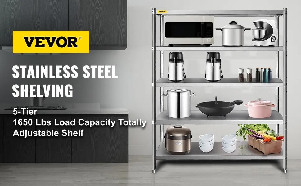VEVOR stainless steel shelving unit in a modern kitchen with various kitchen items.