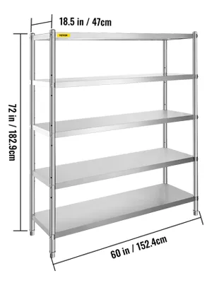 VEVOR stainless steel shelving, 72"x60"x18.5", five-tier adjustable shelves.
