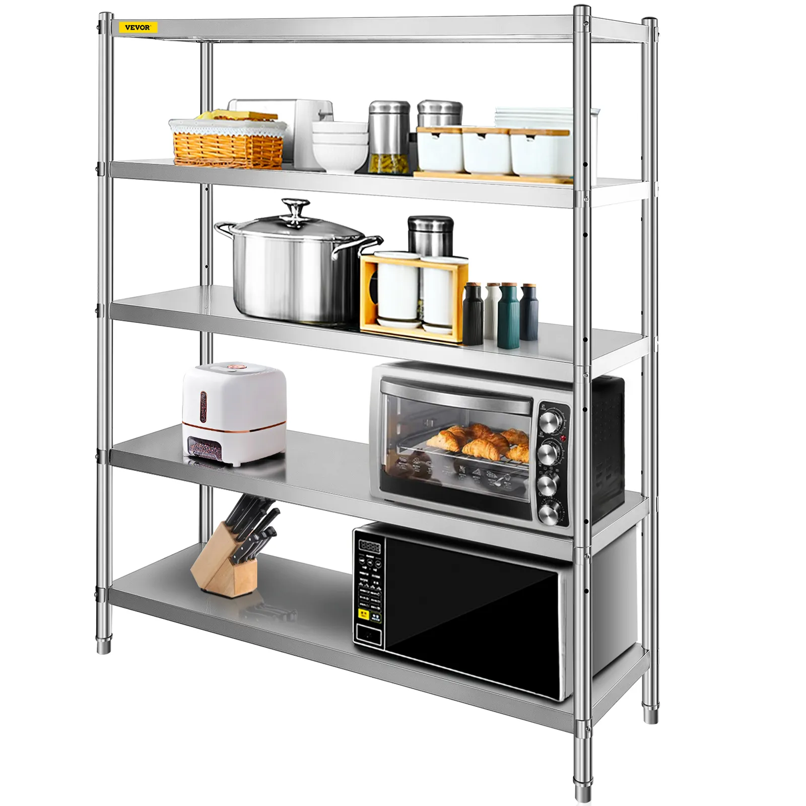 VEVOR stainless steel shelving with kitchen appliances, pots, jars, and a knife block.
