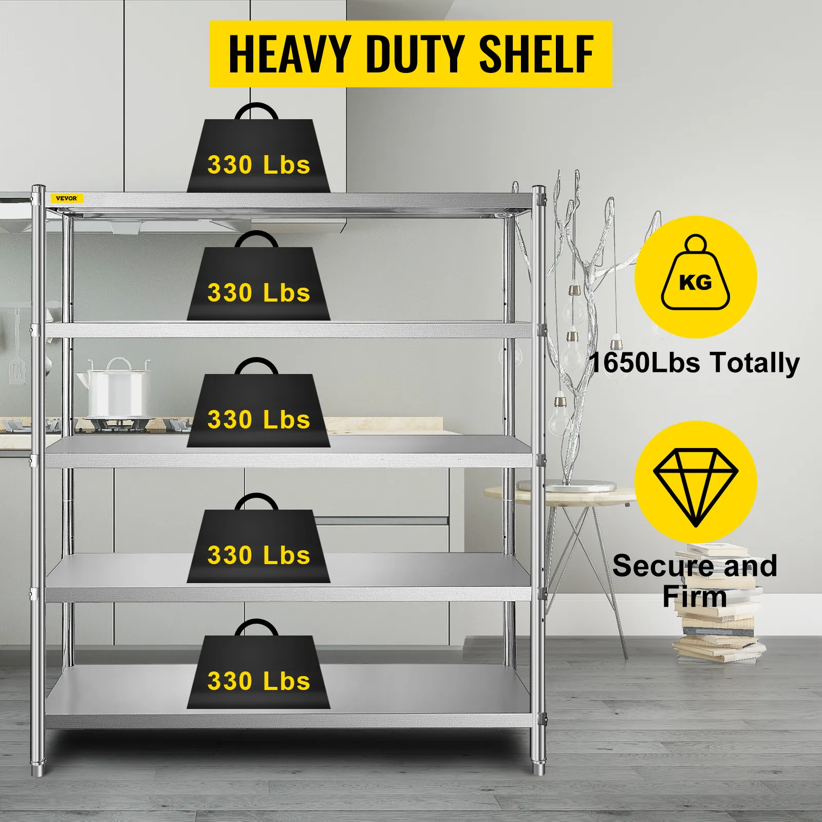 VEVOR stainless steel shelving holds 330 lbs per shelf, 1650 lbs total, secure and firm.