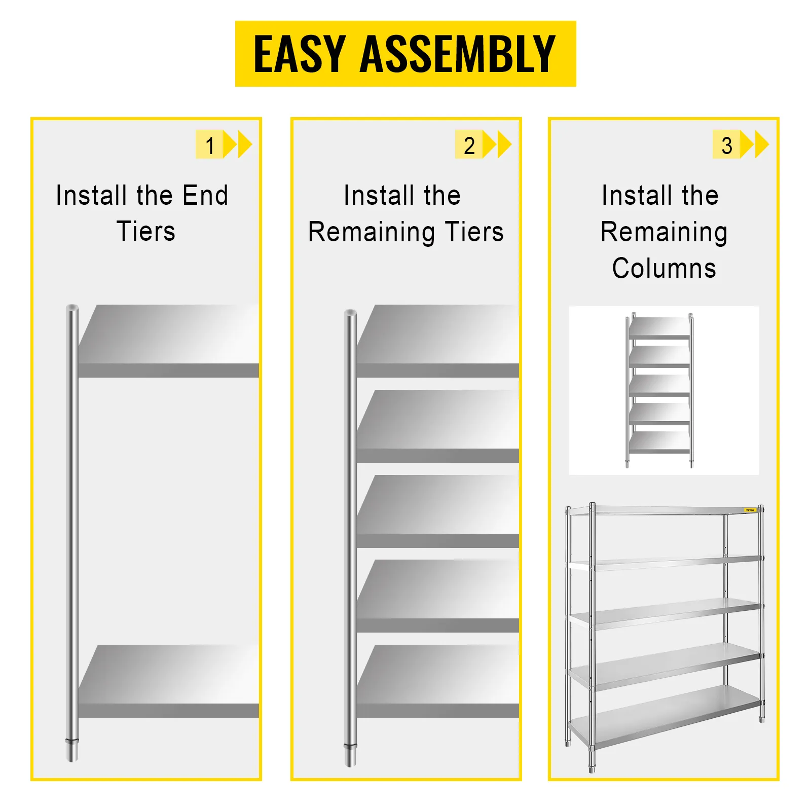 VEVOR stainless steel shelving assembly steps: install end tiers, remaining tiers, columns.