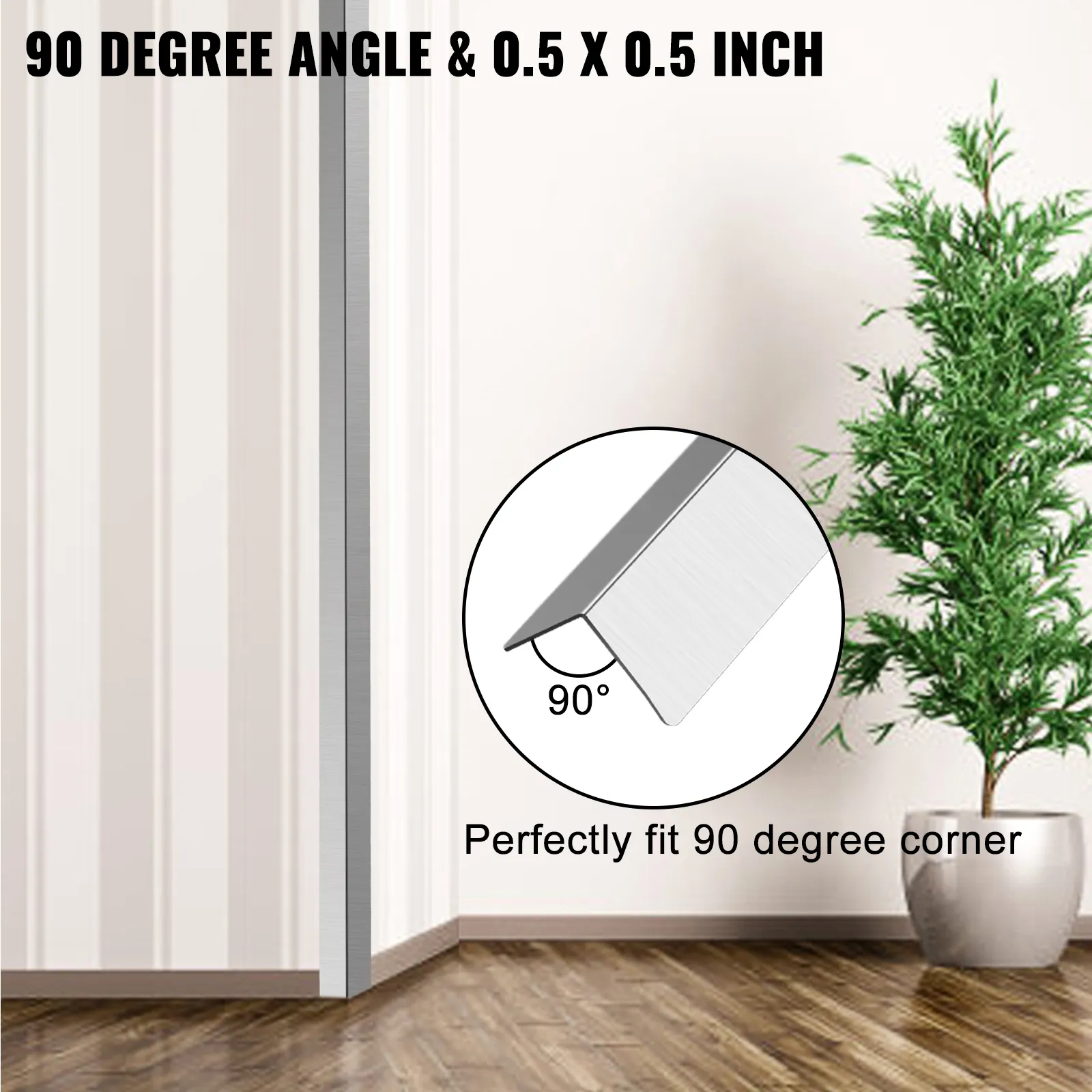 VEVOR Eckschützer aus Edelstahl, 90°-Winkel, 0,5 x 0,5 Zoll, an der Wand montiert.