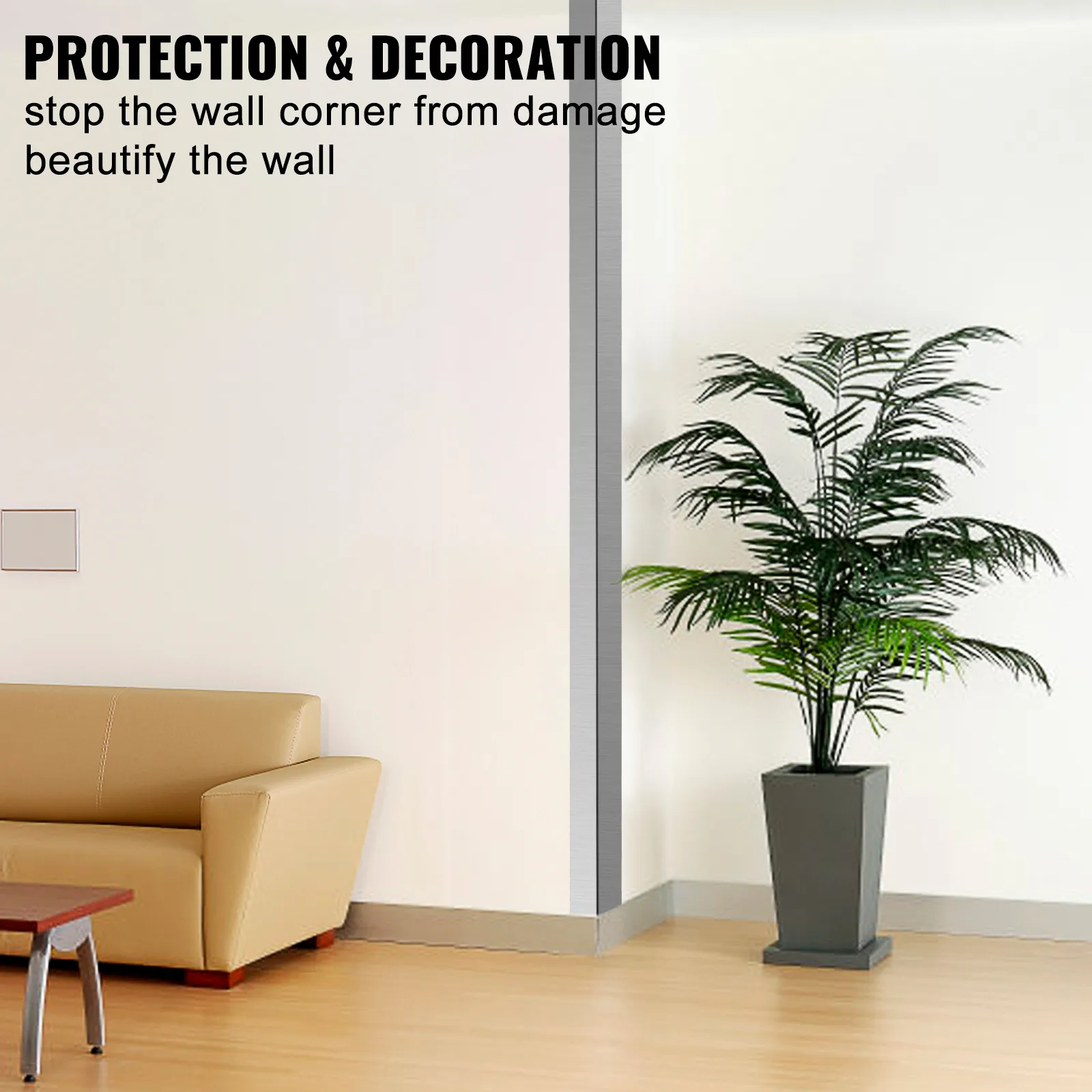 Protectores de esquinas de acero inoxidable VEVOR en una pared con una planta en maceta y un sofá beige.