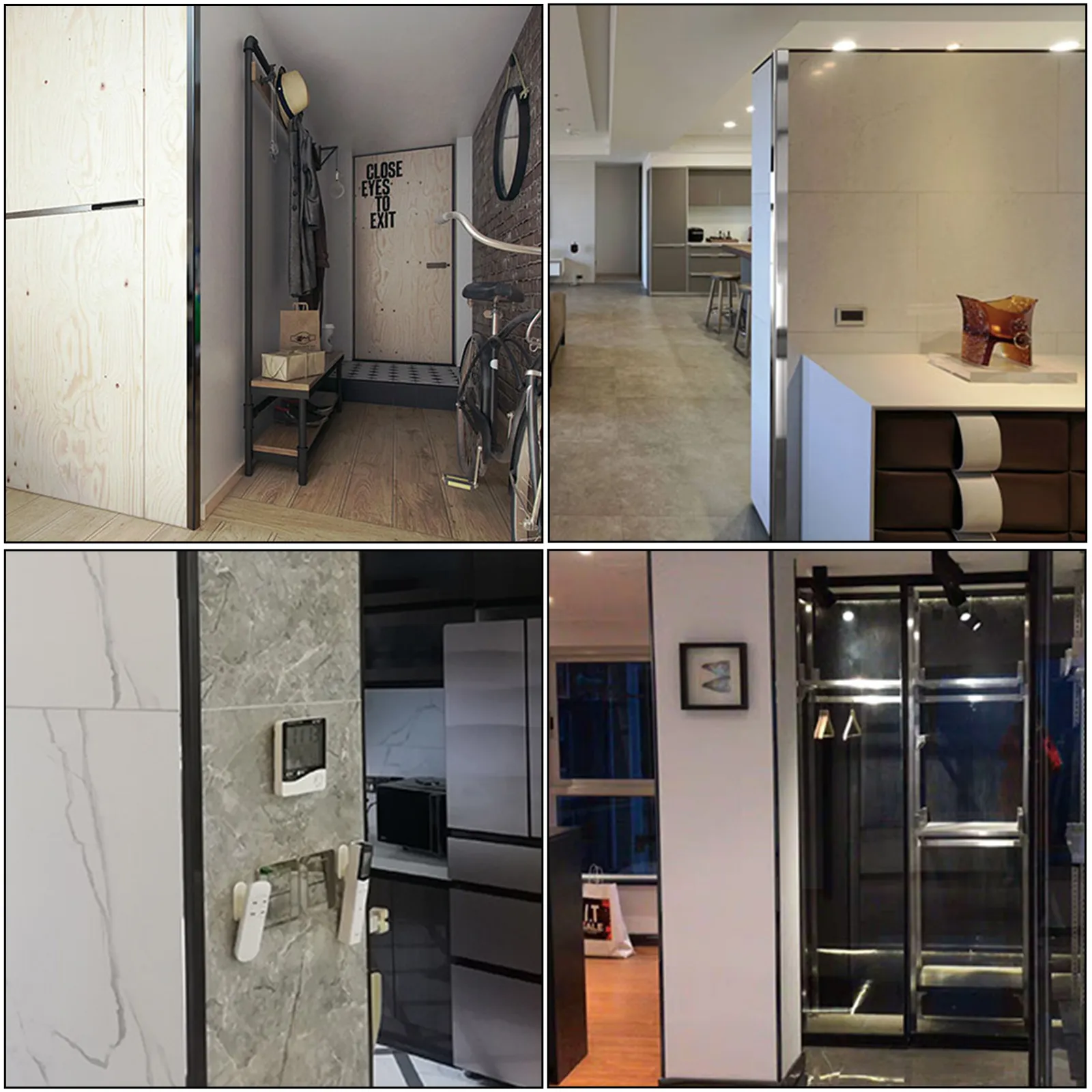 Interiores modernos con protectores de esquinas de acero inoxidable VEVOR en paredes y esquinas.