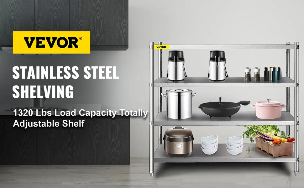 VEVOR storage shelf showcasing kitchen appliances and utensils on stainless steel shelving.
