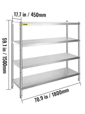 VEVOR storage shelf with 4 tiers, dimensions marked in inches and millimeters.