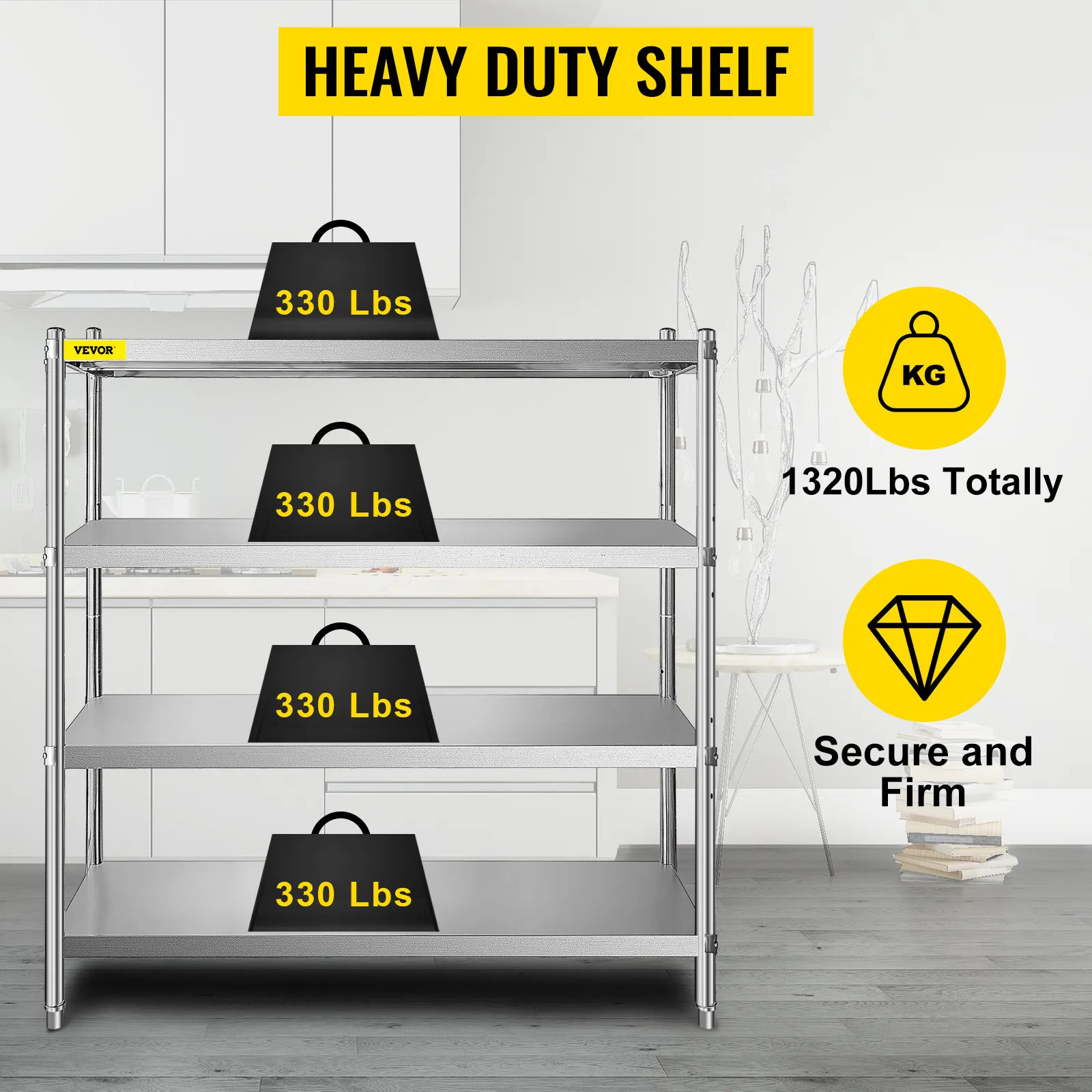 heavy duty shelf by VEVOR, holding 330 lbs per shelf, total capacity 1320 lbs. secure and firm.