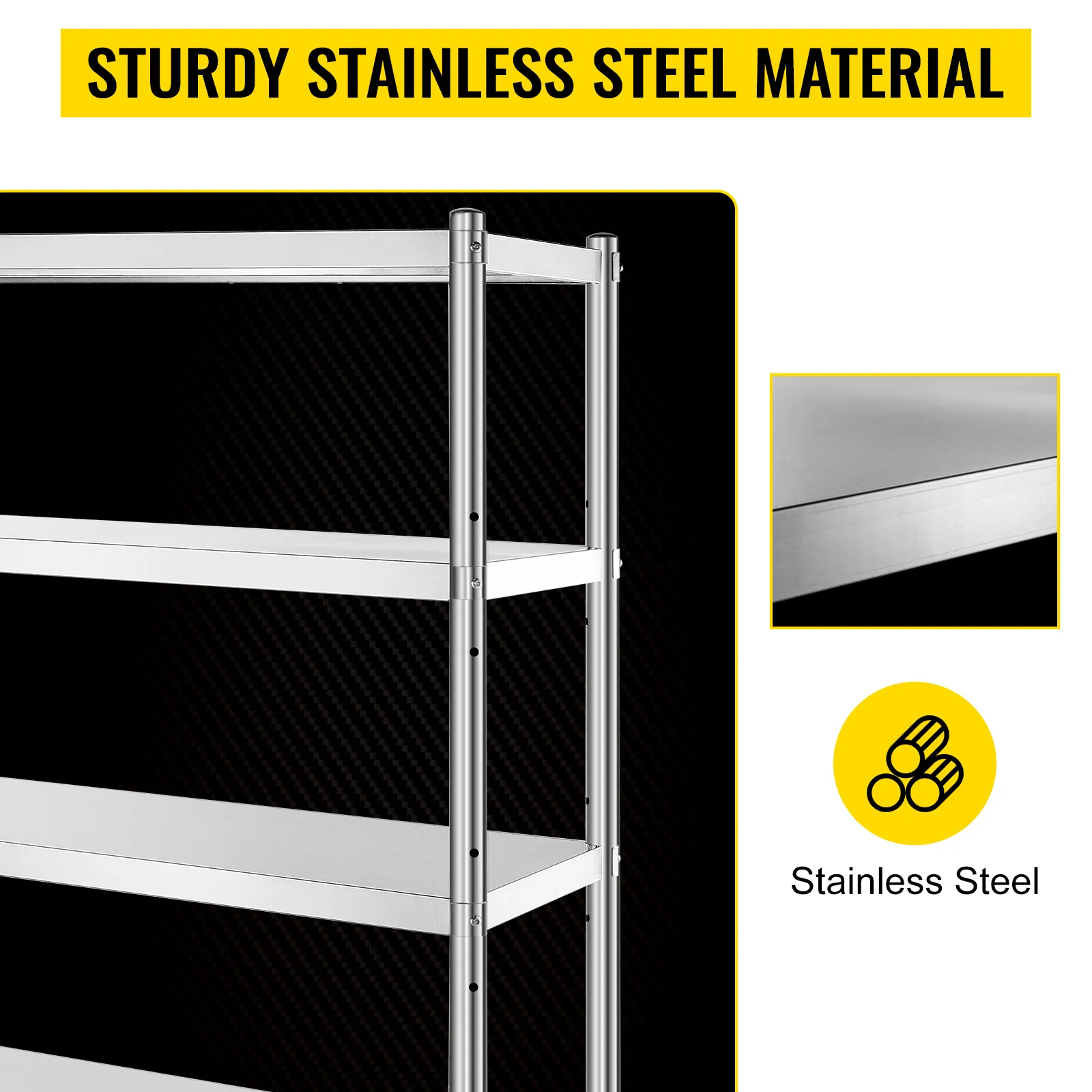 VEVOR storage shelf with sturdy stainless steel material and four strong shelves.