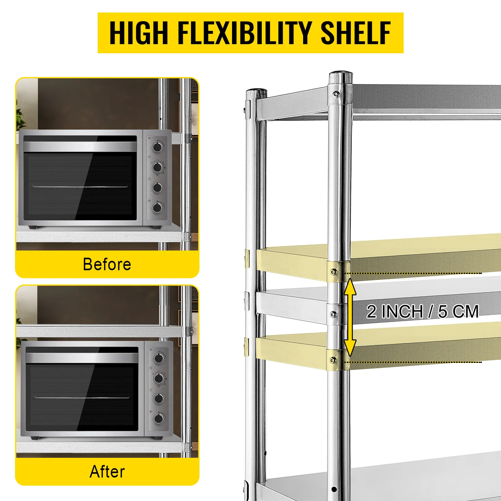 VEVOR storage shelf adjustable height demonstration with before and after examples.