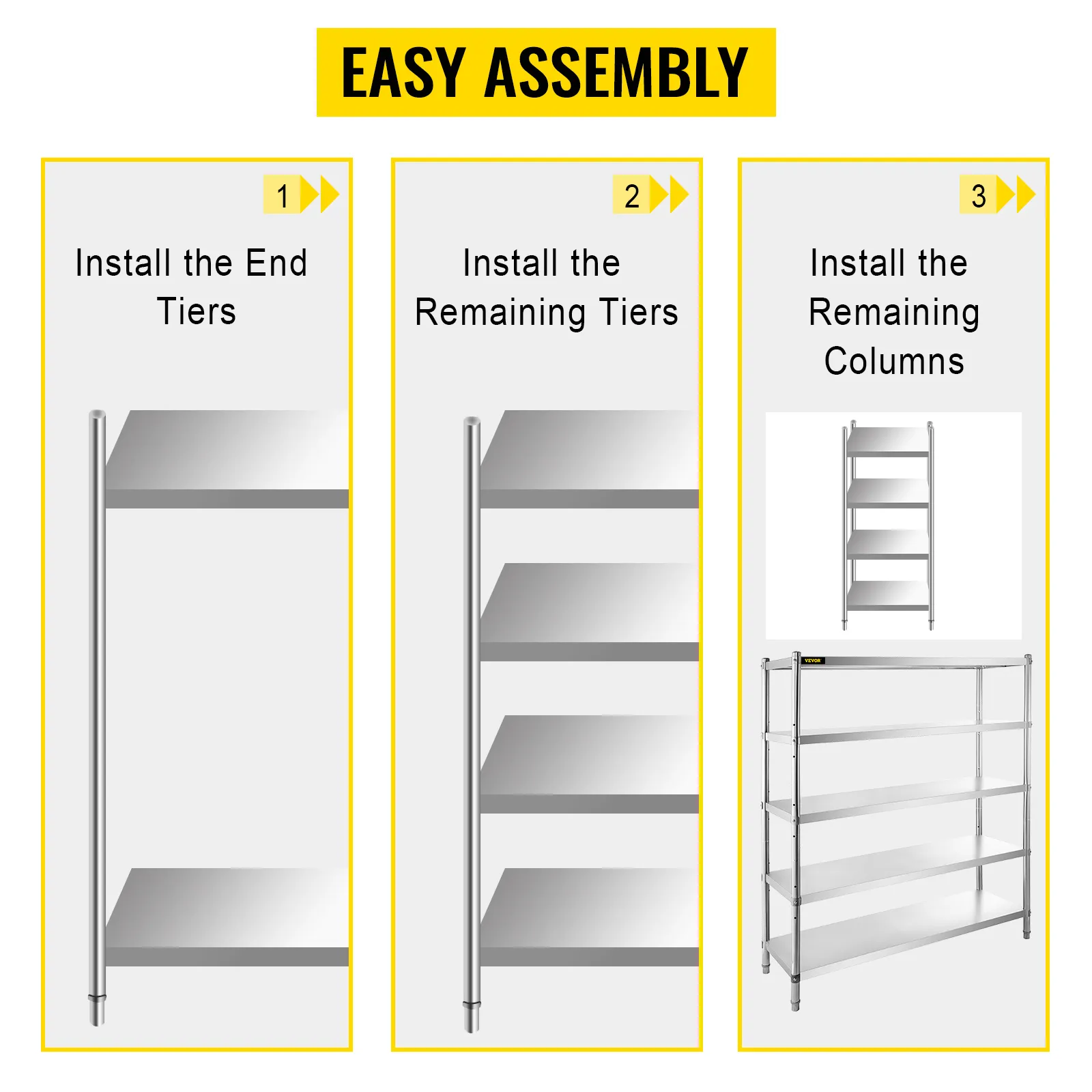 VEVOR storage shelf assembly steps: install end tiers, add remaining tiers, install columns.