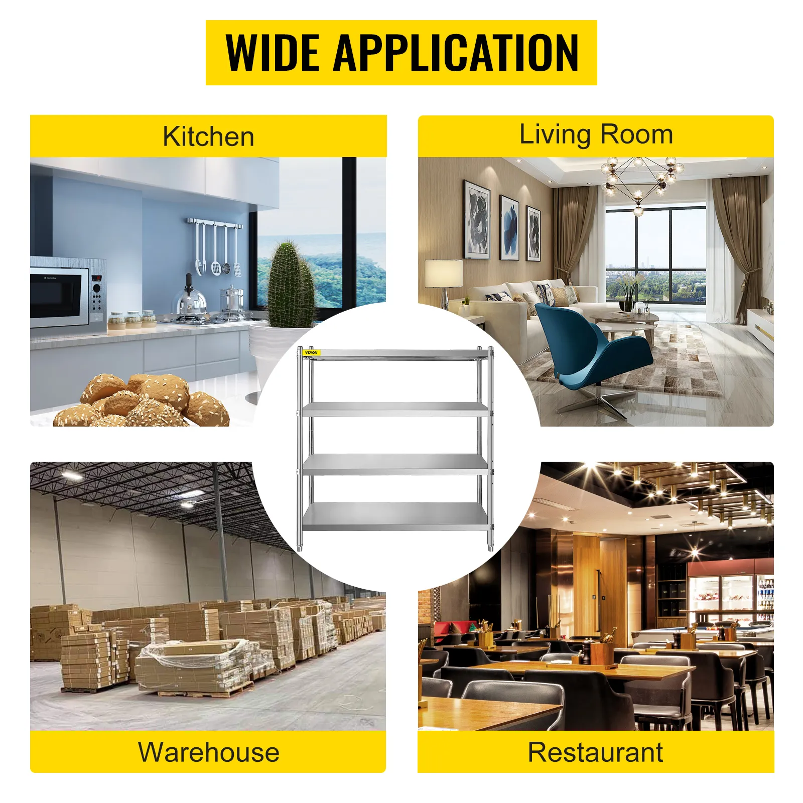 VEVOR storage shelf for kitchen, living room, warehouse, and restaurant storage solutions.