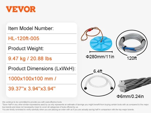 VEVOR zipline kit, hl-120ft-005, 9.47 kg, dimensions: 1000x100x100 mm, includes 120ft cable and seat