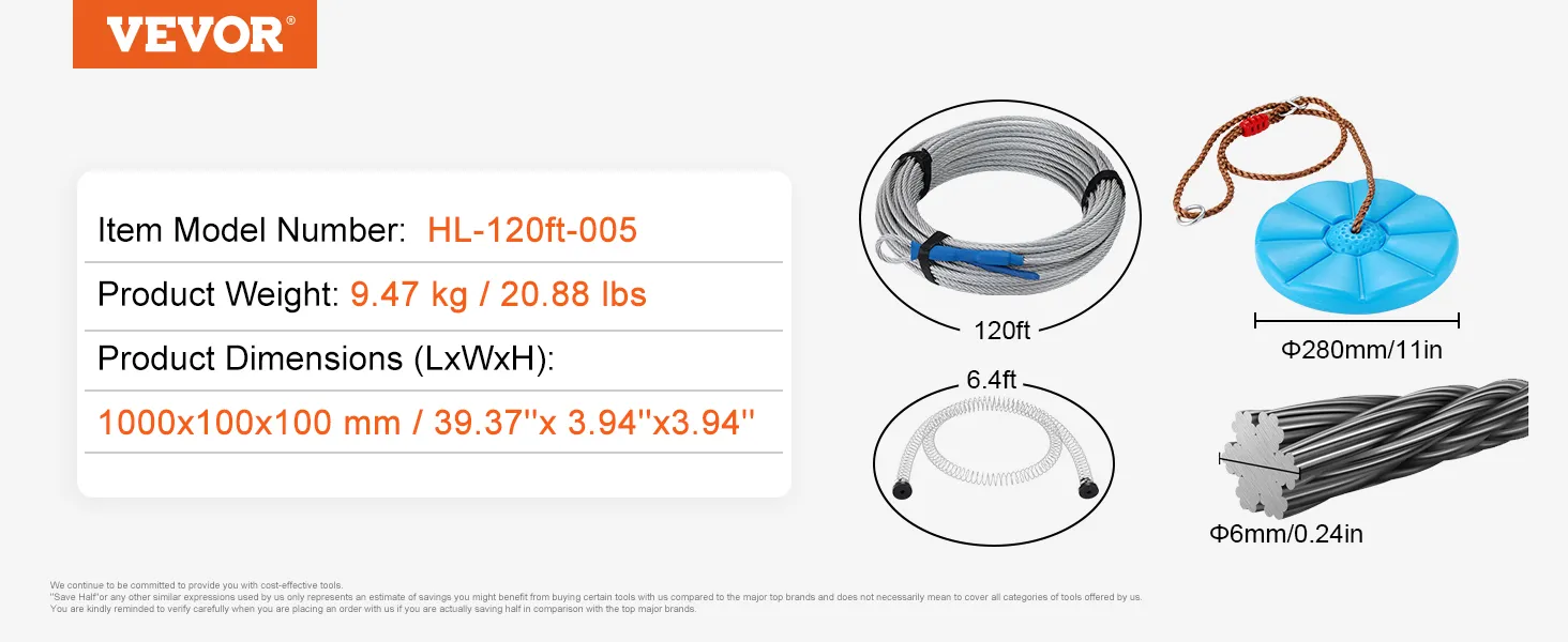 VEVOR zipline kit, hl-120ft-005, 9.47 kg, dimensions: 1000x100x100 mm, includes 120ft cable and seat