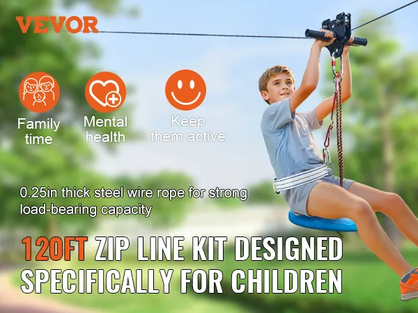 VEVOR zipline kit for children, 120ft, 550 lbs capacity, steel wire rope, cpc certified, family fun.