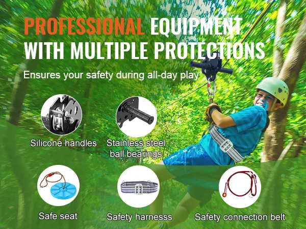 professional VEVOR zipline kit displayed in use, highlighting safe seat, harness, and connection belt.