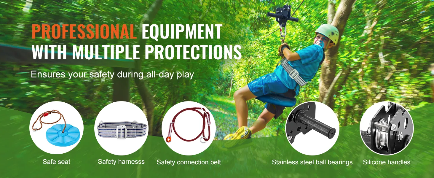 professional VEVOR zipline kit displayed in use, highlighting safe seat, harness, and connection belt.