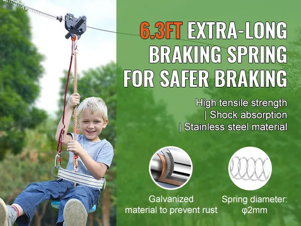 child on VEVOR zipline kit with 6.3ft braking spring, stainless steel material, and galvanized parts.