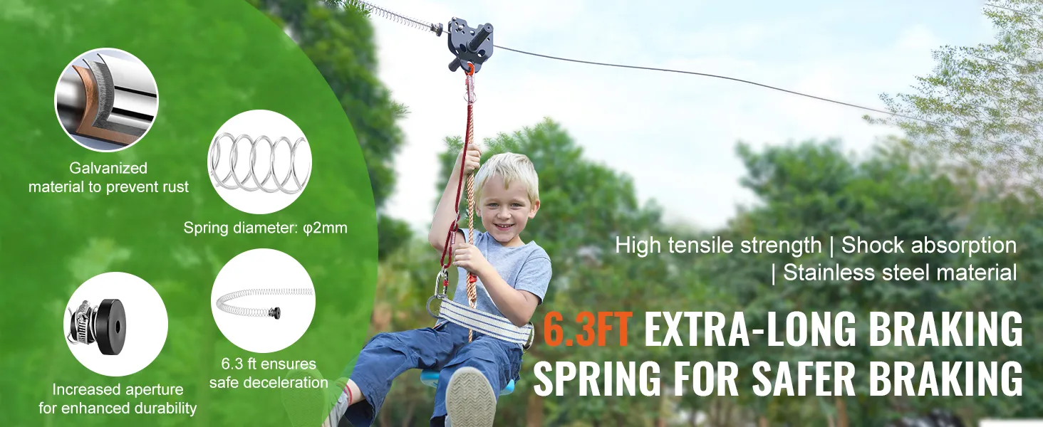 child on VEVOR zipline kit with 6.3ft braking spring, stainless steel material, and galvanized parts.