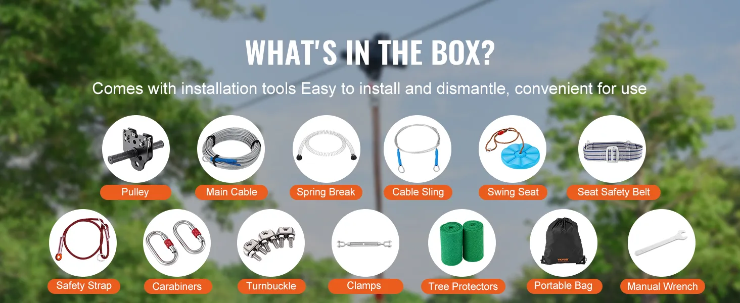 VEVOR zipline kit with pulley, main cable, swing seat, safety strap, tree protectors, and manual wrench.
