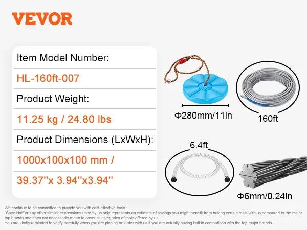 Dimensiones, peso y componentes del kit de tirolina VEVOR, incluido cable, asiento y tensor.