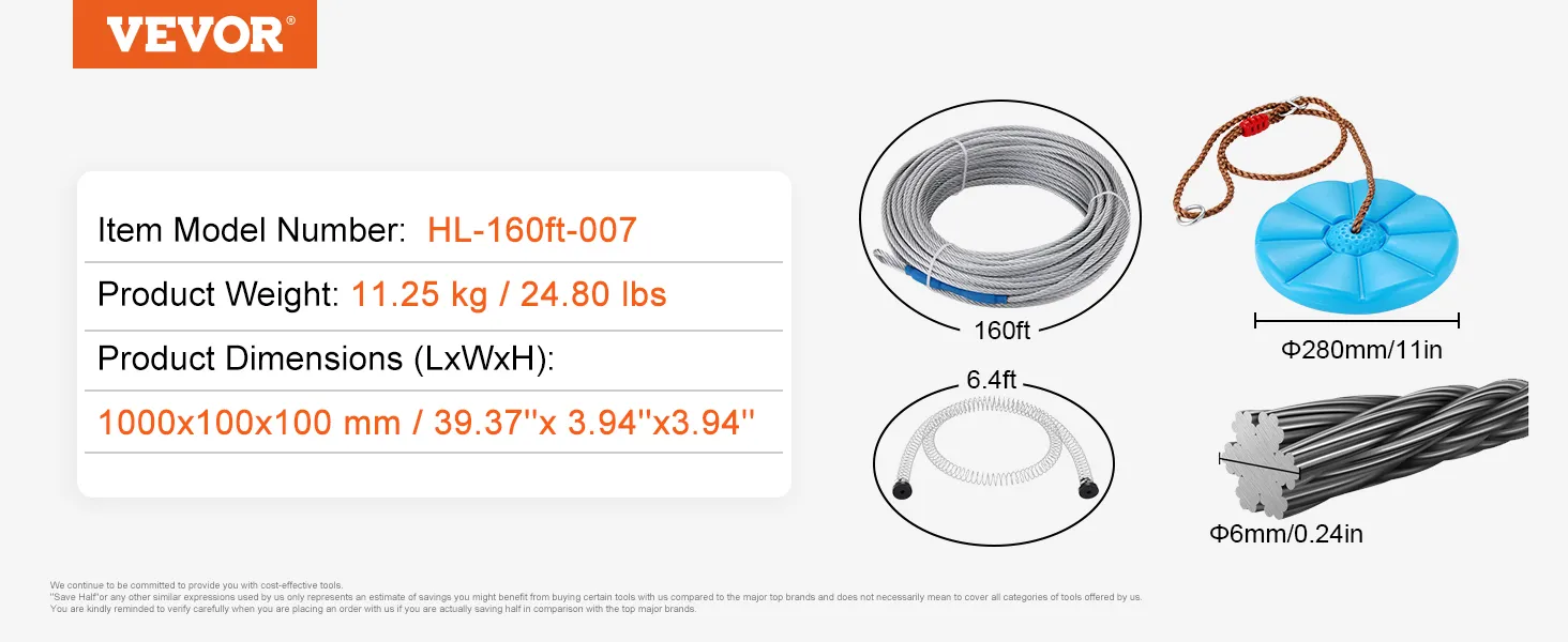 Dimensiones, peso y componentes del kit de tirolina VEVOR, incluido cable, asiento y tensor.