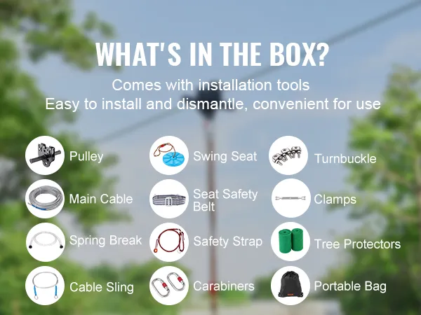 Contenido del kit de tirolina VEVOR: polea, cable principal, freno de resorte, eslinga de cable, asiento de columpio, cinturón de seguridad y más.