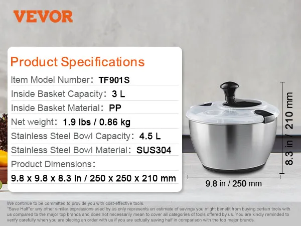 VEVOR slacentrifuge van roestvrij staal met pp-mand, inhoud 3 l, 25x25x21 cm.