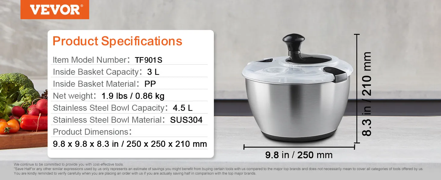 VEVOR slacentrifuge van roestvrij staal met pp-mand, inhoud 3 l, 25x25x21 cm.