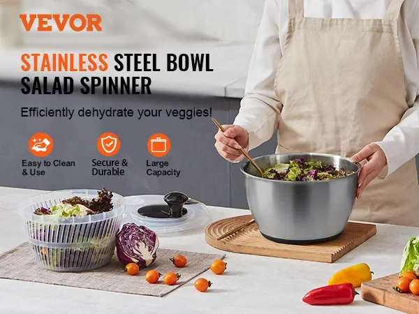 VEVOR slacentrifuge van roestvrij staal, eenvoudig schoon te maken, veilig en duurzaam, grote capaciteit voor groenten.