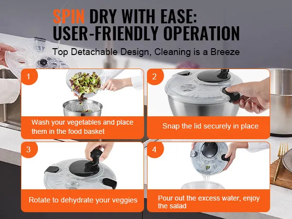 VEVOR slacentrifuge van roestvrij staal met eenvoudige, gebruiksvriendelijke bediening voor snel drogen en reinigen.