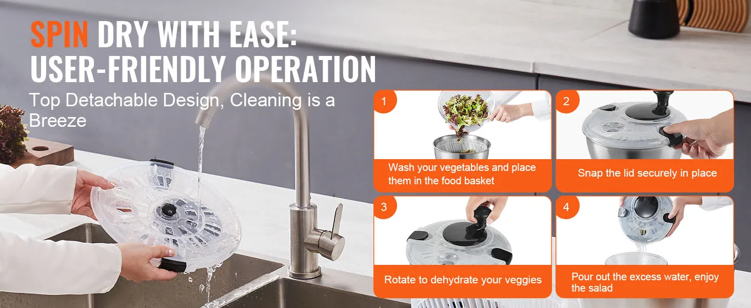 VEVOR slacentrifuge van roestvrij staal met eenvoudige, gebruiksvriendelijke bediening voor snel drogen en reinigen.