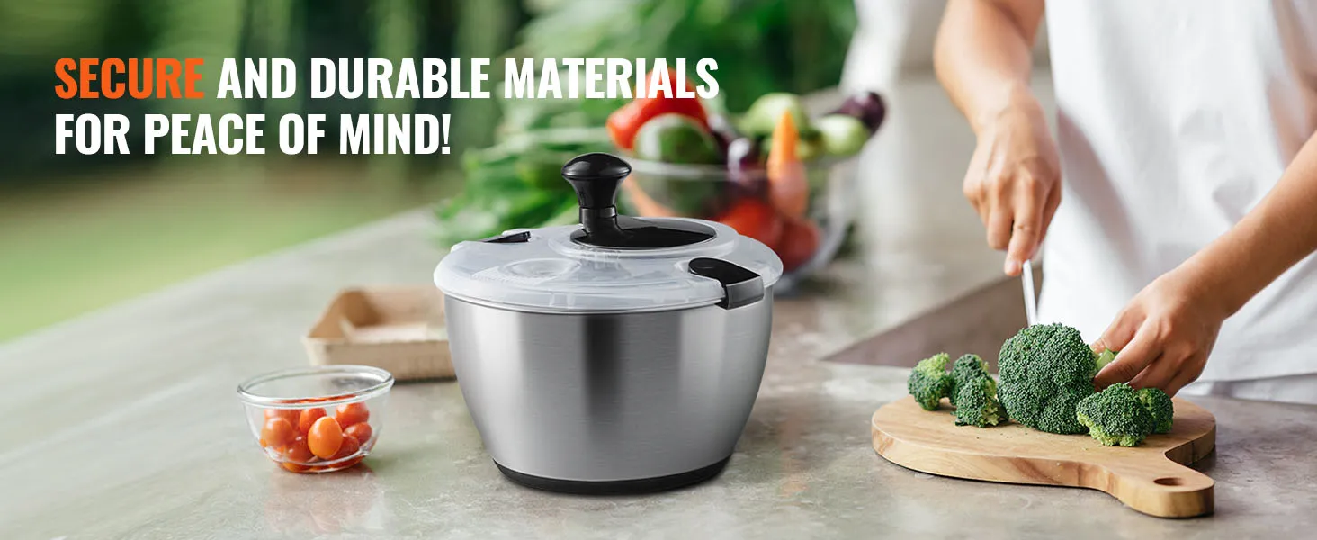 VEVOR roestvrijstalen slacentrifuge op een aanrecht met verse groenten en een persoon die broccoli snijdt.