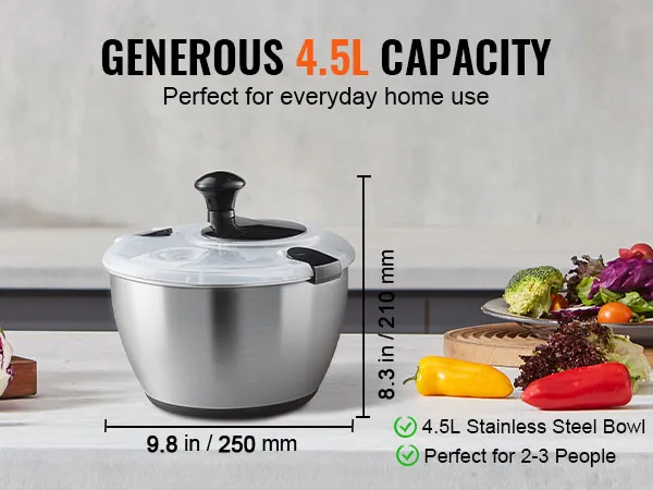 VEVOR slacentrifuge van roestvrij staal met een inhoud van 4,5 l, ideaal voor thuisgebruik, omringd door verse groenten.