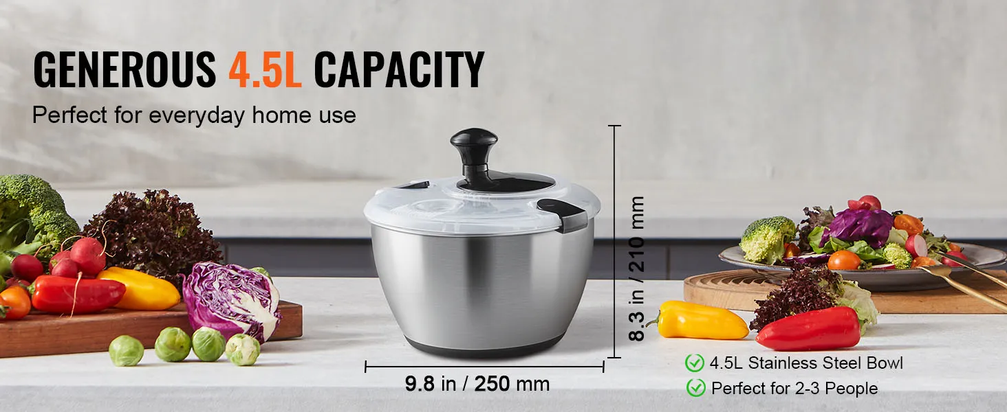 VEVOR slacentrifuge van roestvrij staal met een inhoud van 4,5 l, ideaal voor thuisgebruik, omringd door verse groenten.