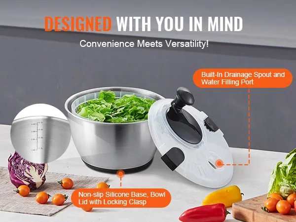 VEVOR slacentrifuge van roestvrij staal met antislip siliconen onderkant, afsluitbaar deksel en ingebouwde afvoertuit.