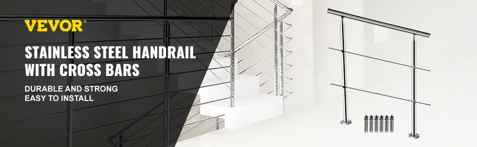 VEVOR stainless stair handrail with cross bars, durable, strong, easy to install.