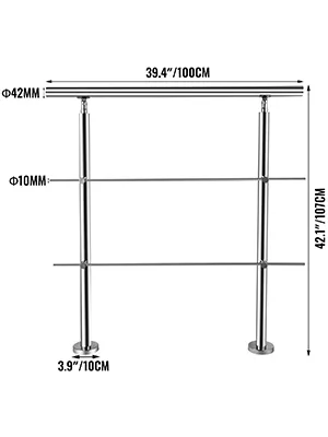 VEVOR stainless stair handrail dimensions: 100cm width, 107cm height, 10cm base diameter.