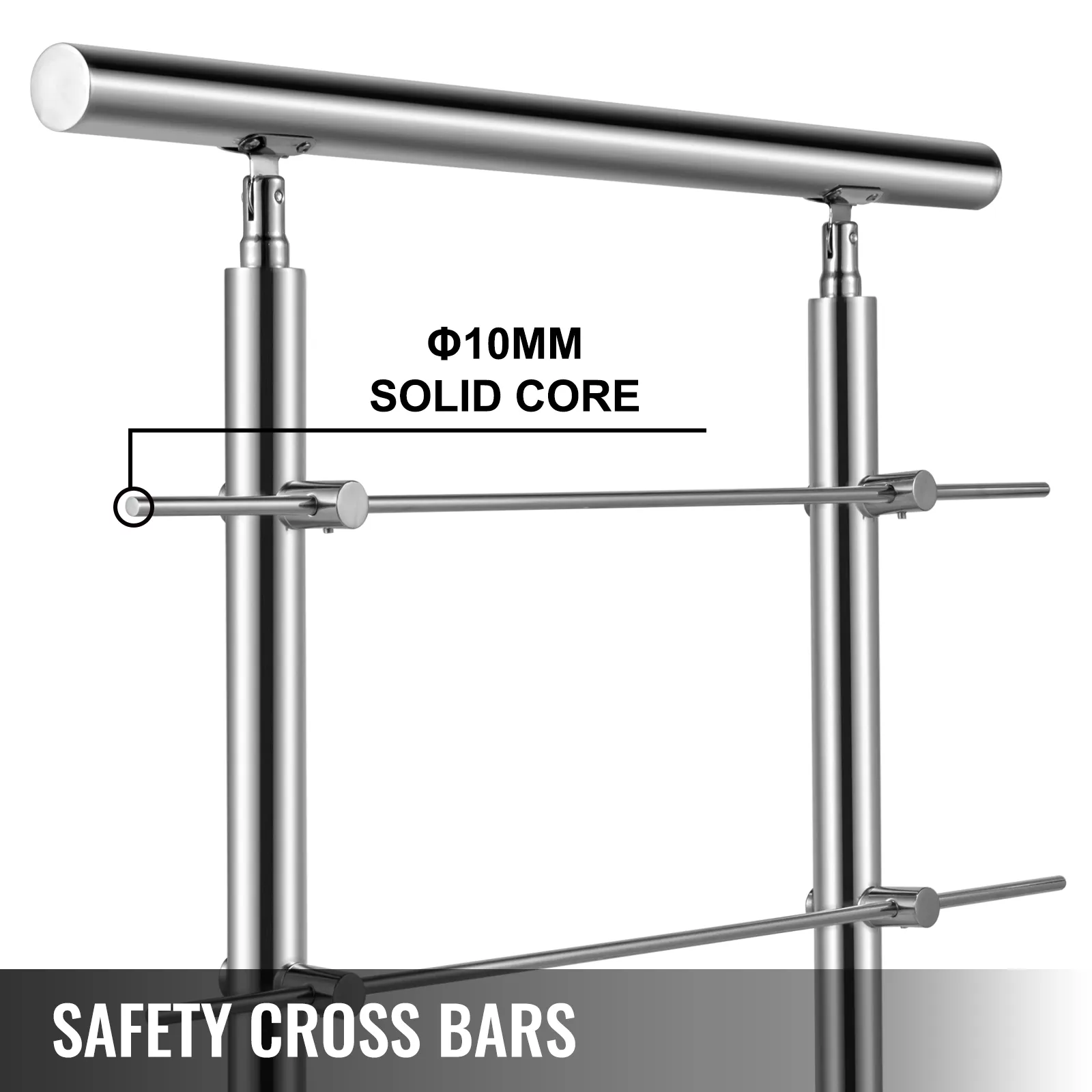 VEVOR stainless stair handrail with 10mm solid core and safety cross bars.