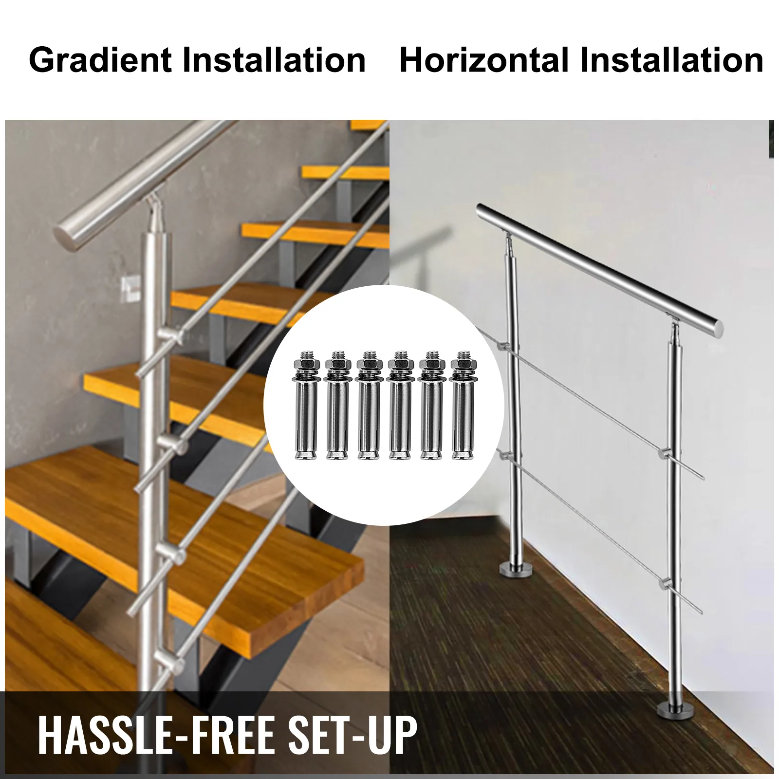 VEVOR stainless stair handrail, gradient and horizontal installation options.
